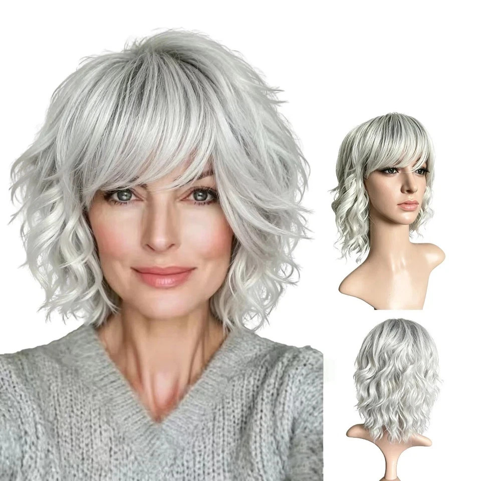 Silver Ombre Gray Wavy Short WigShoulder Length Bob Wig with Bangs for Women