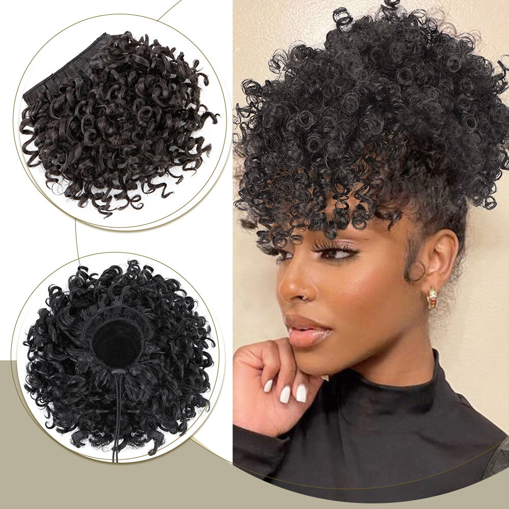 African Short Afro Kinky Curly Ponytail Large Puff Hair Extension Bun With Bangs