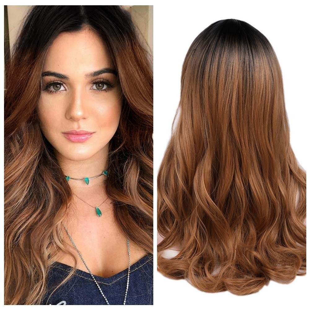 24in Black to Brown Ombre Long Wavy Wig for Women Heat Resistant Synthetic Party