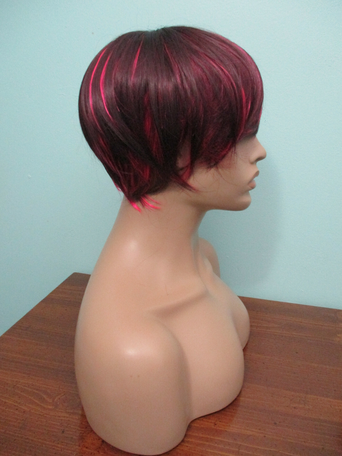 4″ hot pink and black short PIXIE cut swept bangs WIG