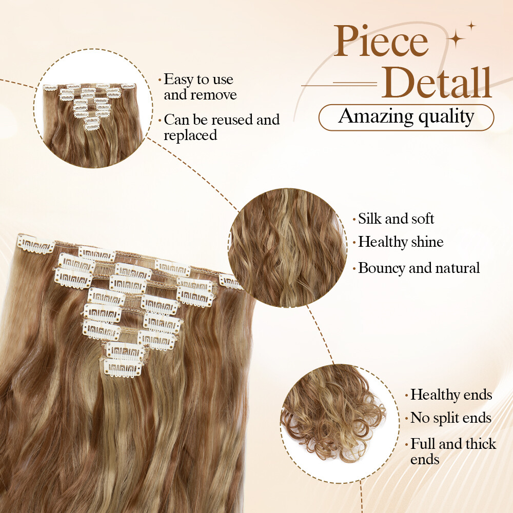 100% Real Natural Full Head Clip in Hair Extensions 8Pcs Straight Wavy Synthetic