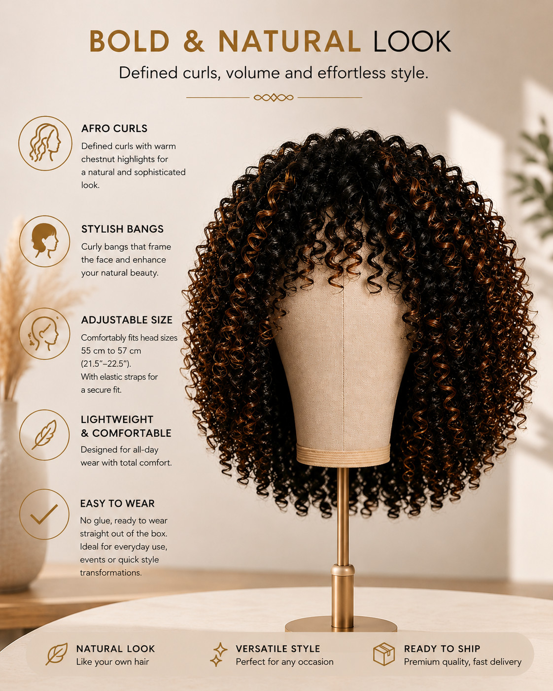 Afro Curly Wig with Bangs Black Brown Highlighted Synthetic Hair Women