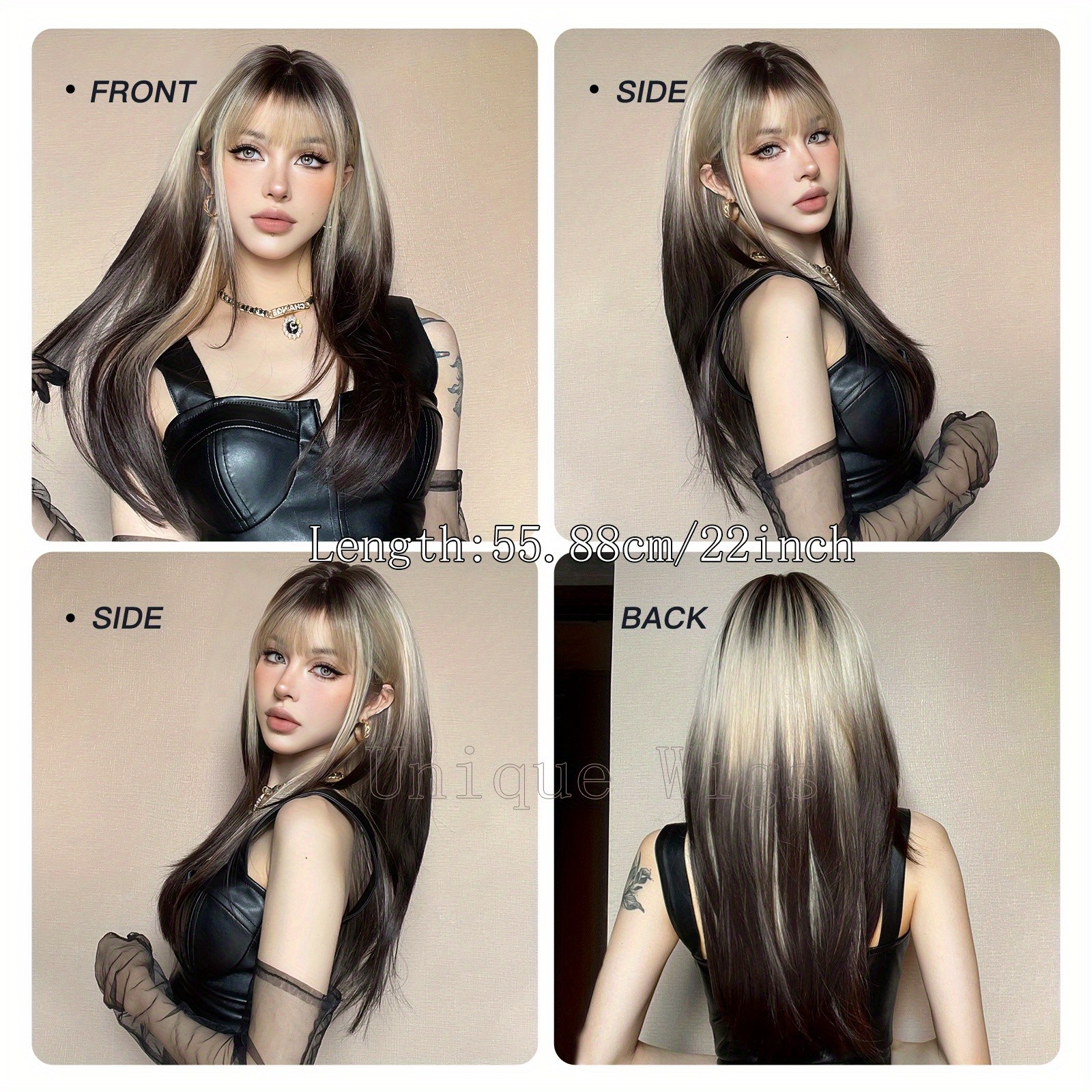 22 Inch Ombre Long Straight Wig Women’s Synthetic Hair Matte Finish Rose Net Cap