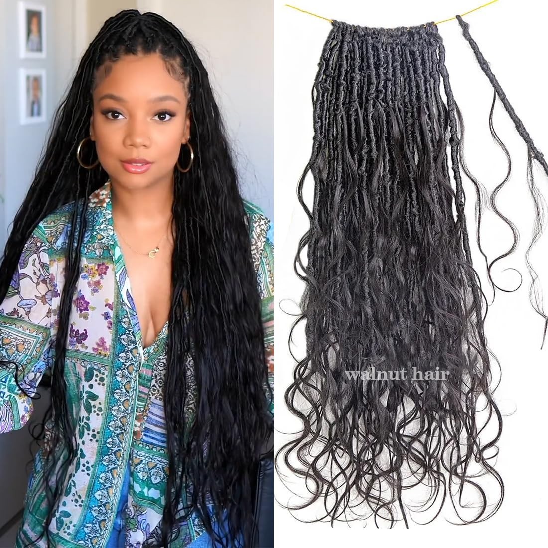 Walnut Hair Pre-Looped Crochet Boho Faux Locs Human Hair Curls Body Wave Human