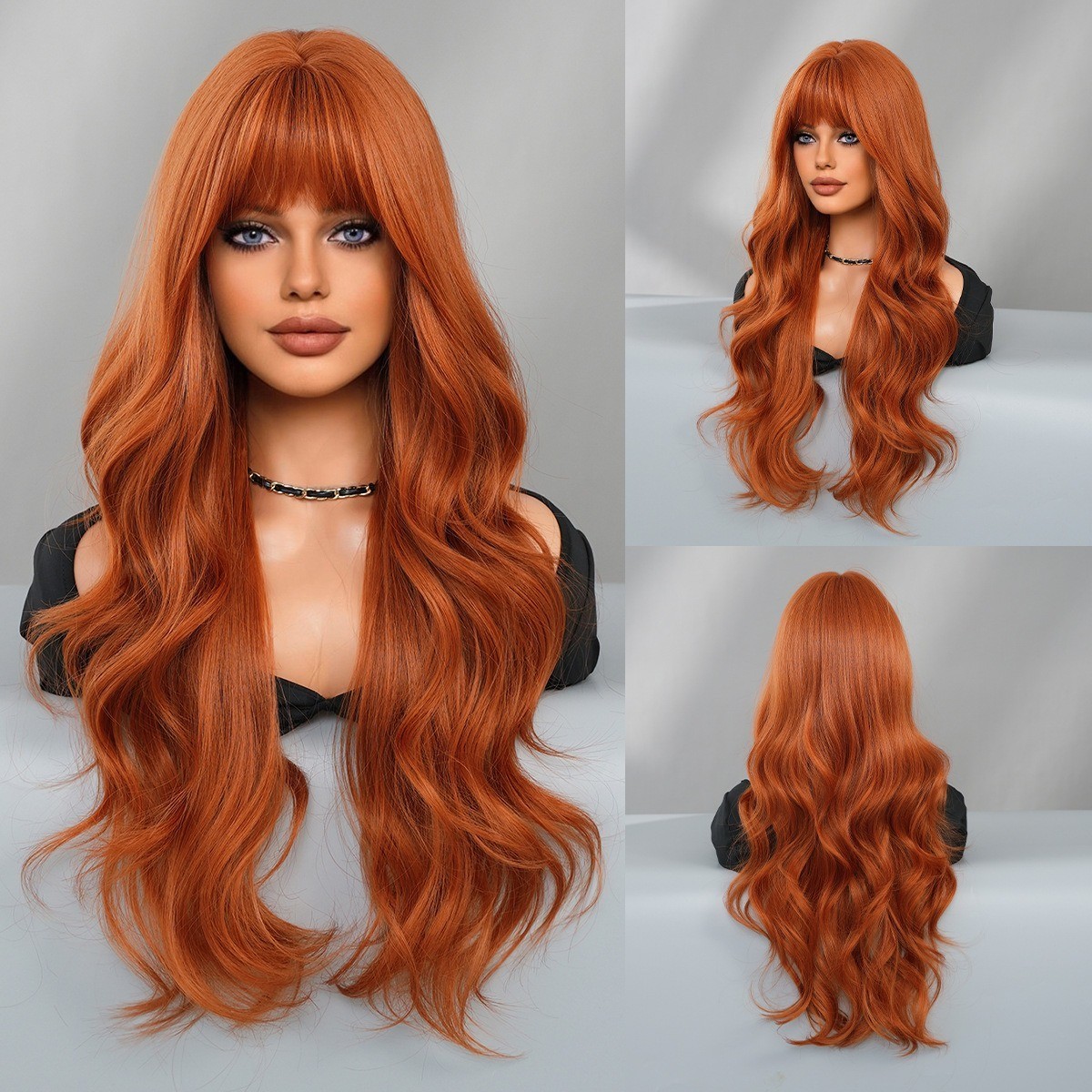 Orange long curly hair with bangs big wavy waves wearing synthetic orange wigs
