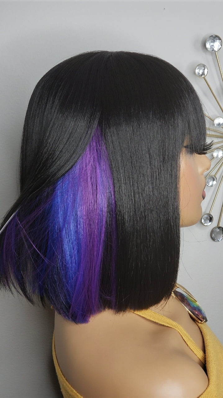 New Short Human Hair Blend Straight Bob Wrap Full Cap Wig Black Blue Purple Wig