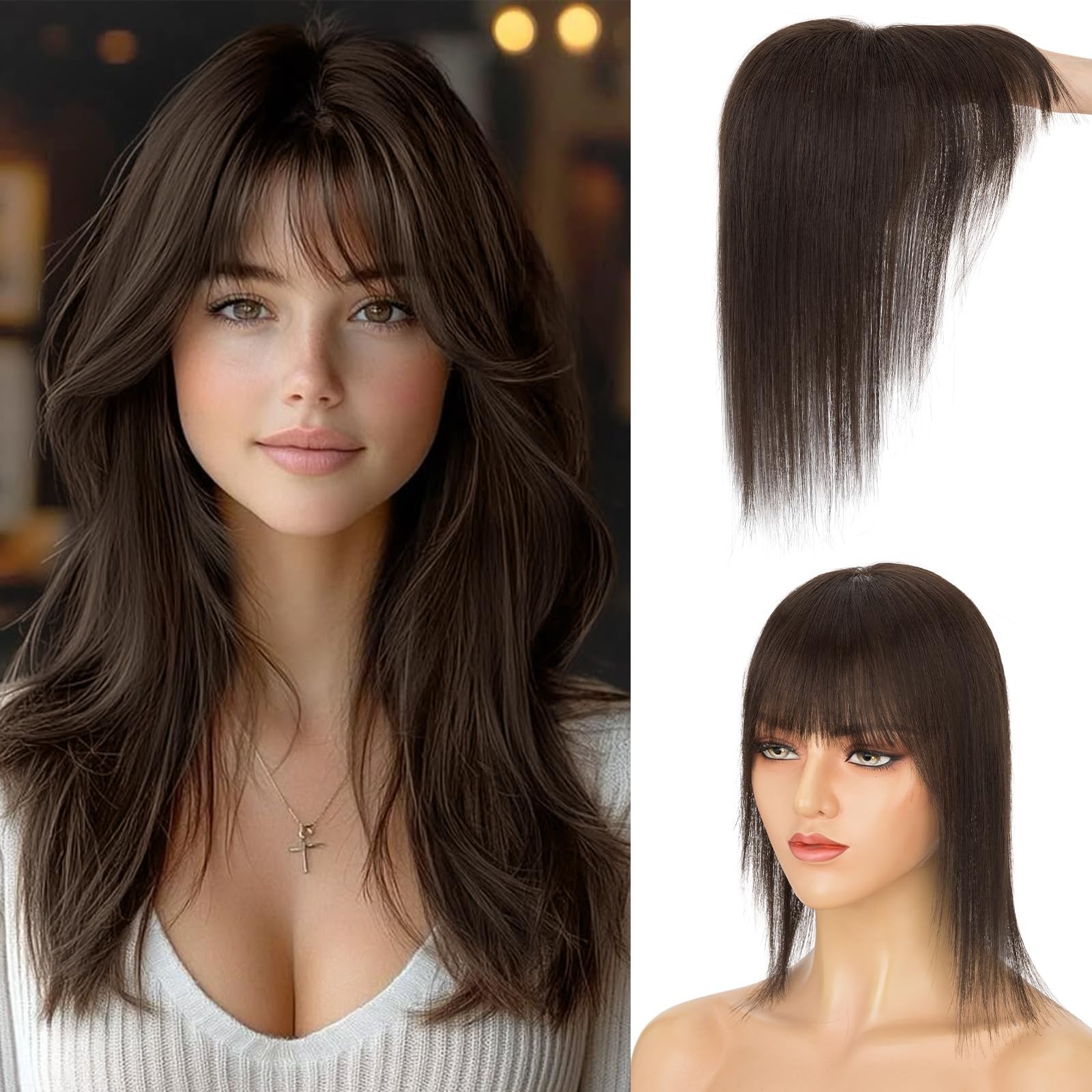 360° 3D Human Hair Topper – Ultra Thin Clip-In Bangs for Thinning Gray Hair, 12″