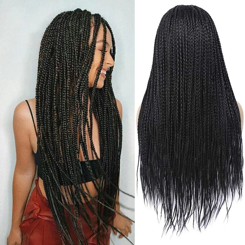 Womens Black Long Box Braided Wigs Micro Braids Hair Synthetic Wigs None Lace