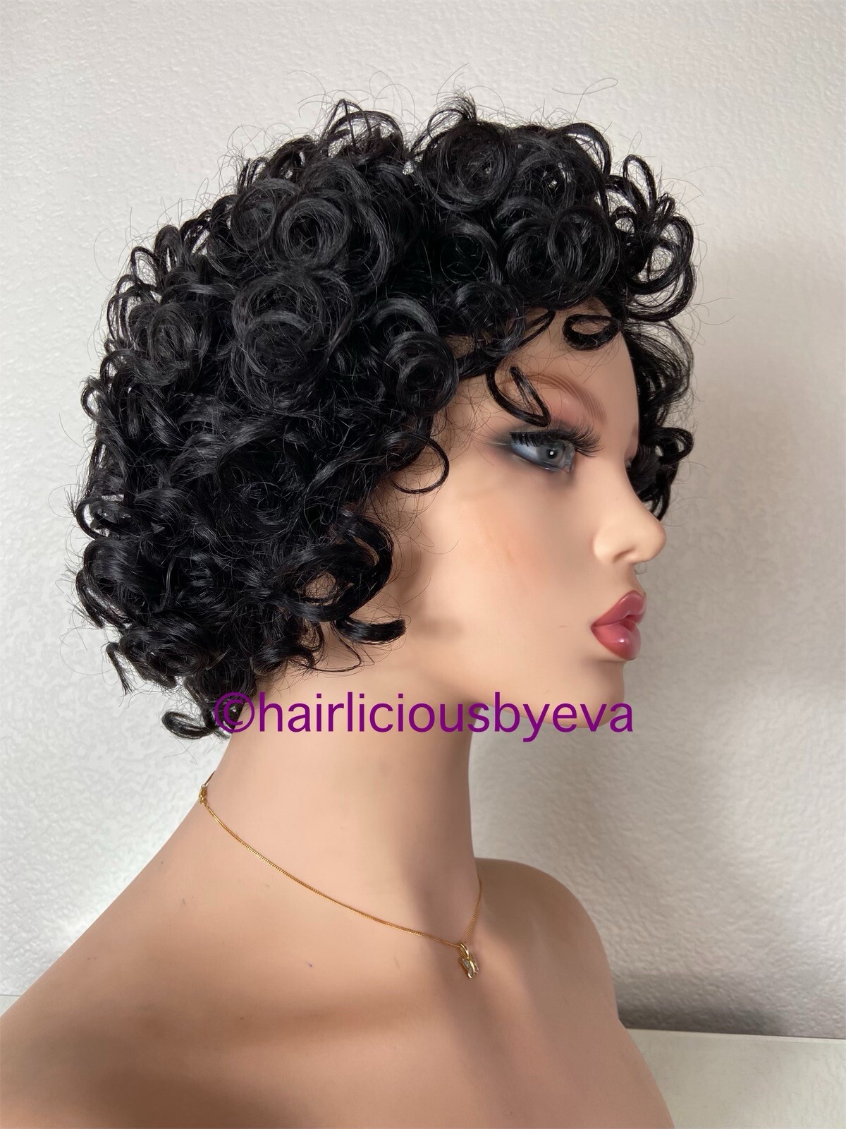 African American Curly Wig Short Black Side Part