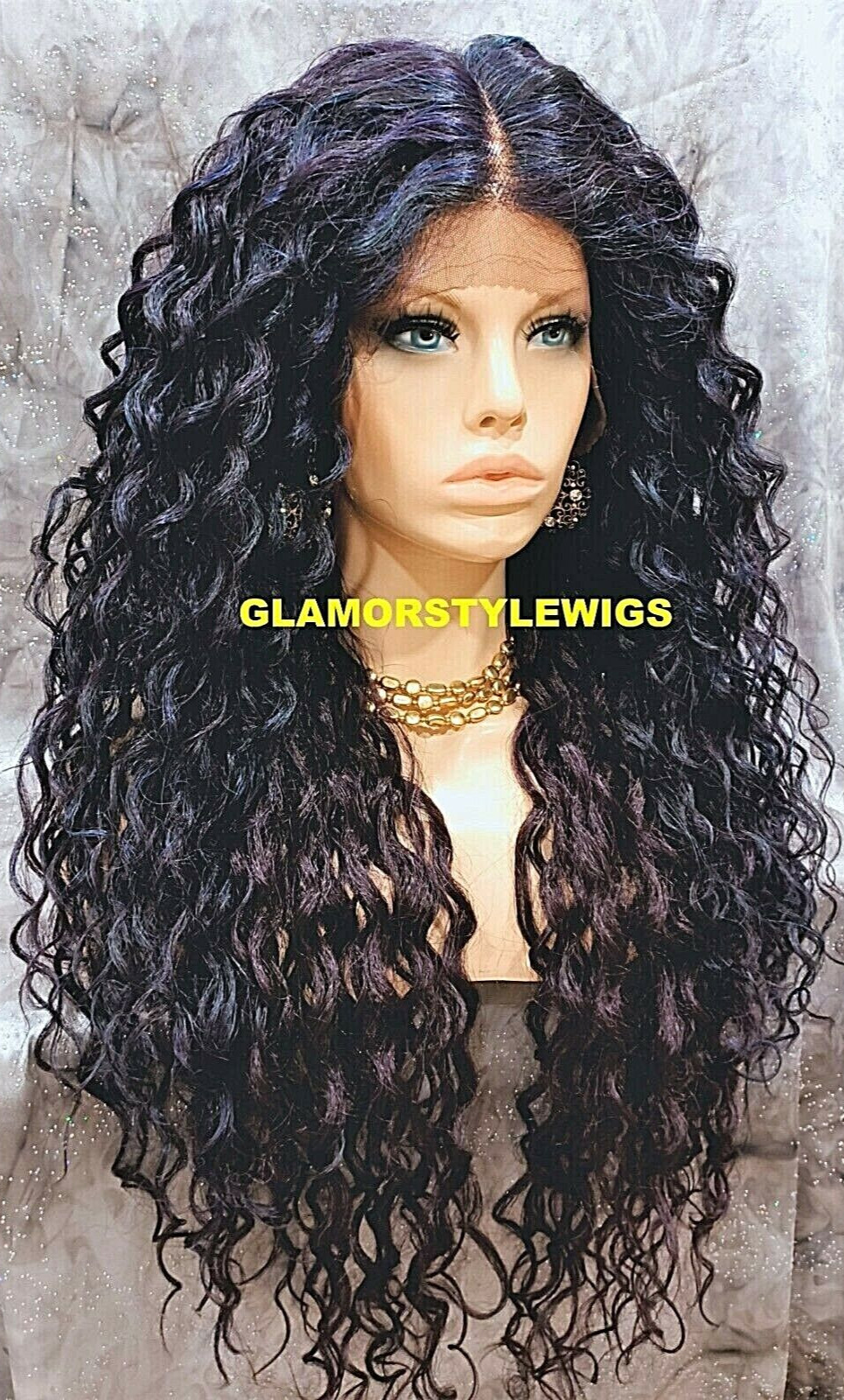 38” LACE FRONT FULL WIG EXTRA LONG LAYERED CURLY BLACK PURPLE BLUE MIX HEAT OK