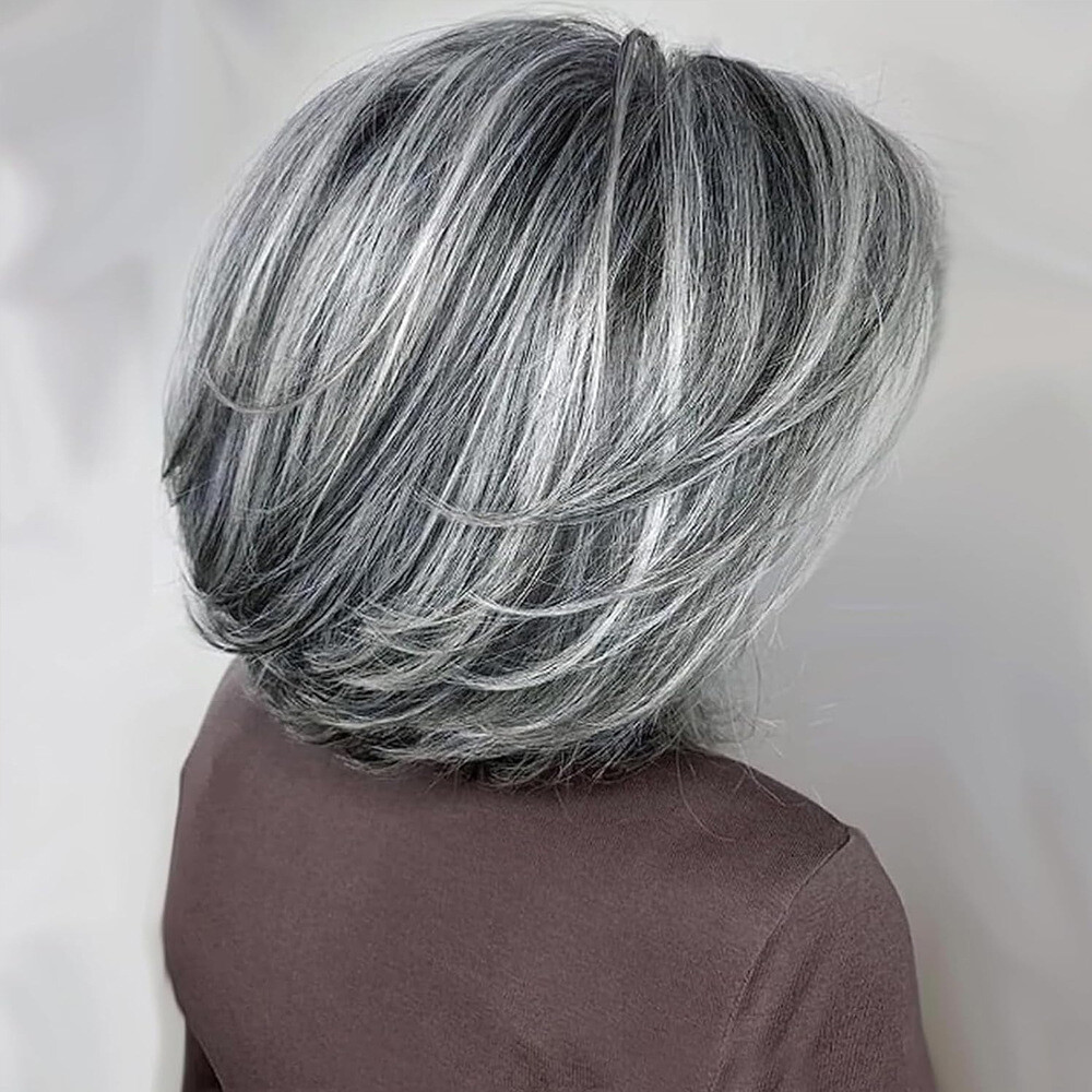 Short Bob Gray with Silver Gray Mixed Wigs 100% Human Hair Lace Front Wigs