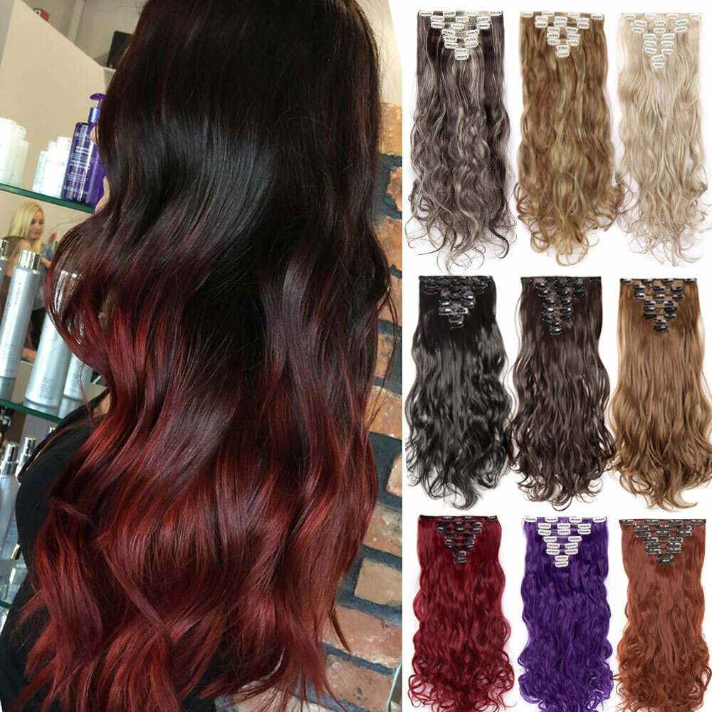 Real Natural New Clip in Hair Extensions 8Pcs Full Head Ombre Long As Human US H