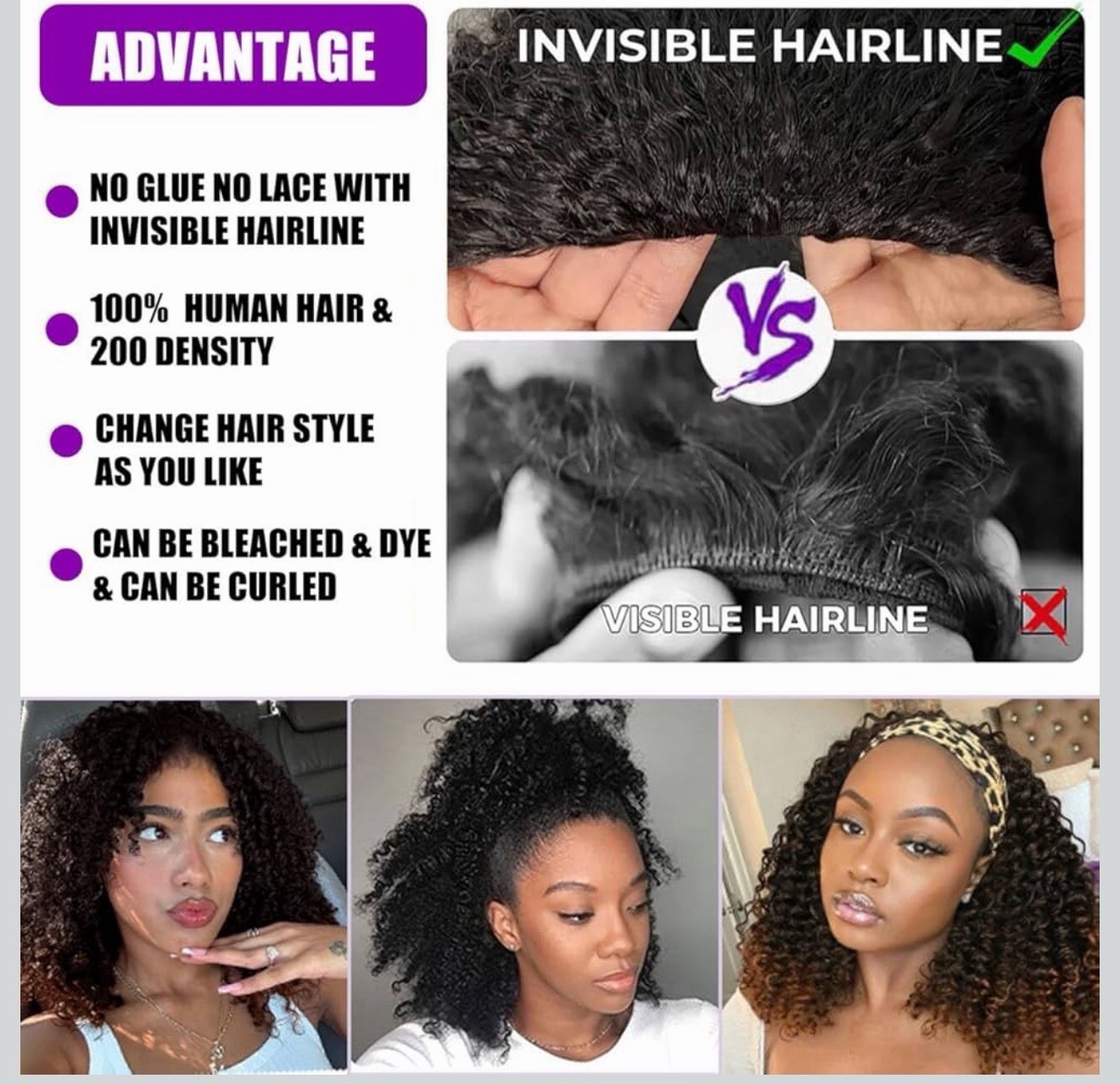 Kinky Curly Half Wig Drawstring Human Hair Natural Black Full Volume