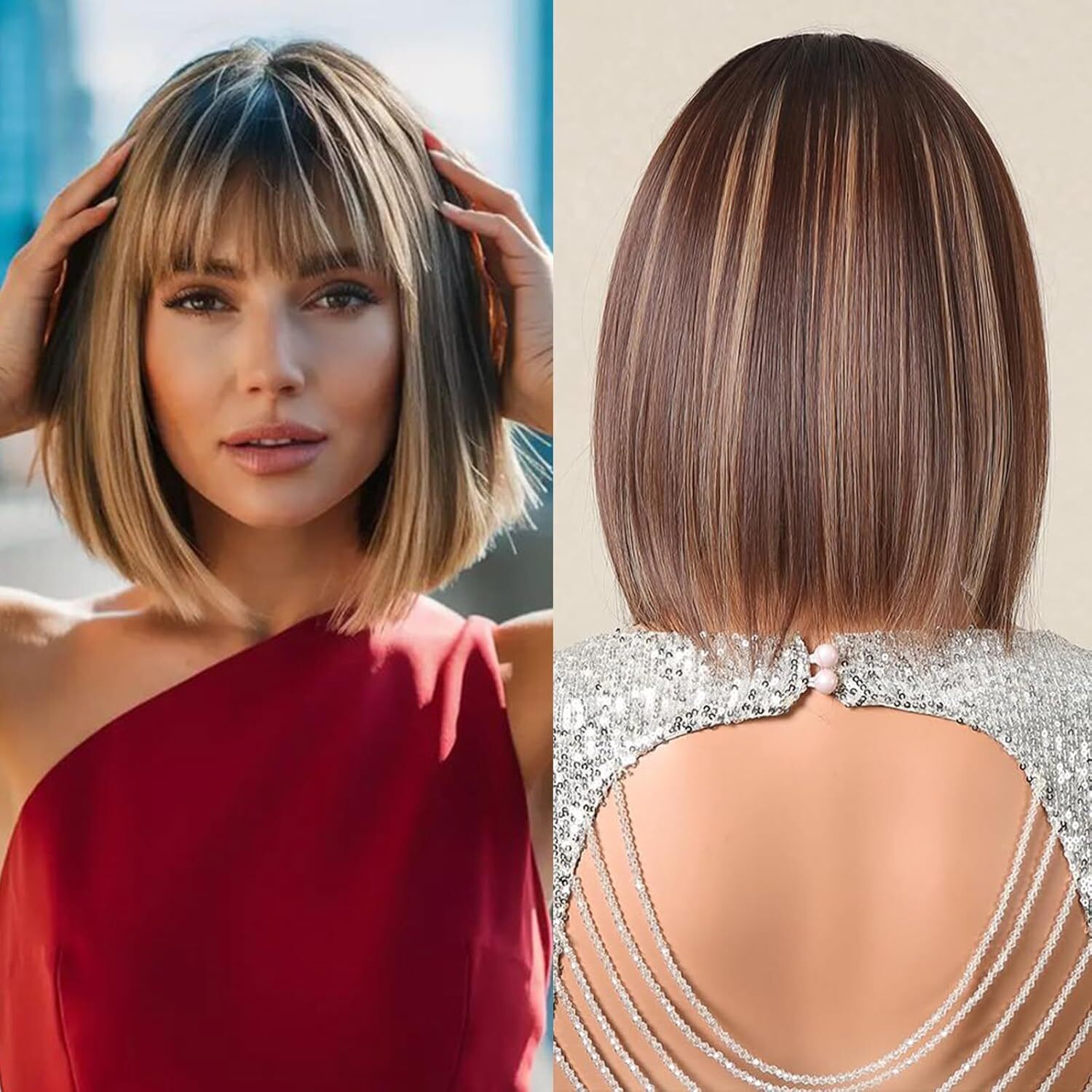Women Short Bob Wigs Human Hair Wigs with Bangs Brown Blonde Highlight Wigs