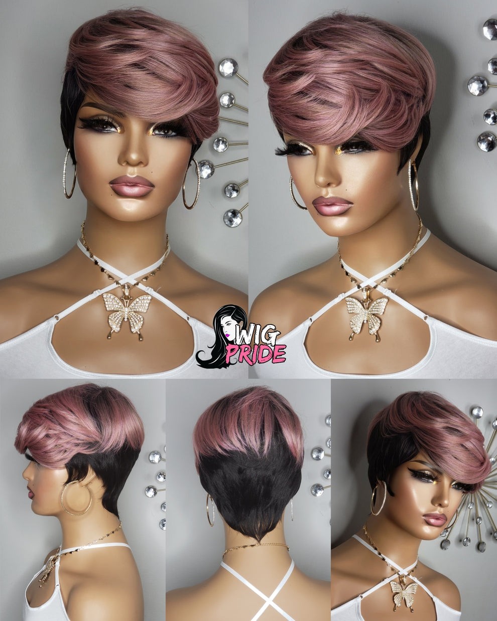 New Short Cut Pixie Style Full Cap Wig Pink Black 2 Tone Style Womens Hair Wigs