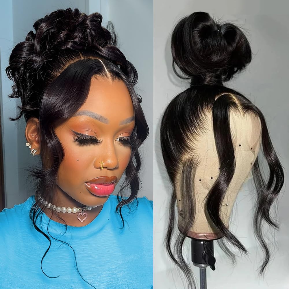 POLKN 30 Inch 360 Lace Front Wigs Human Hair Invisi Strap Body Wave HD Lace F…