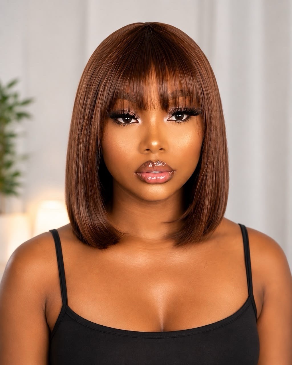 10″ Chocolate Brown Women’s 100% HUMAN HAIR – GLUELESS BOB WIG WITH BANGS