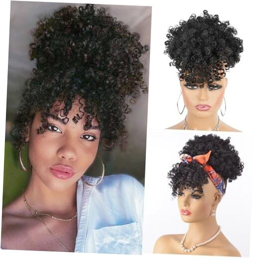 Afro Puff Drawstring Ponytail with Bangs for Black Women, Short 12 Inch 1B