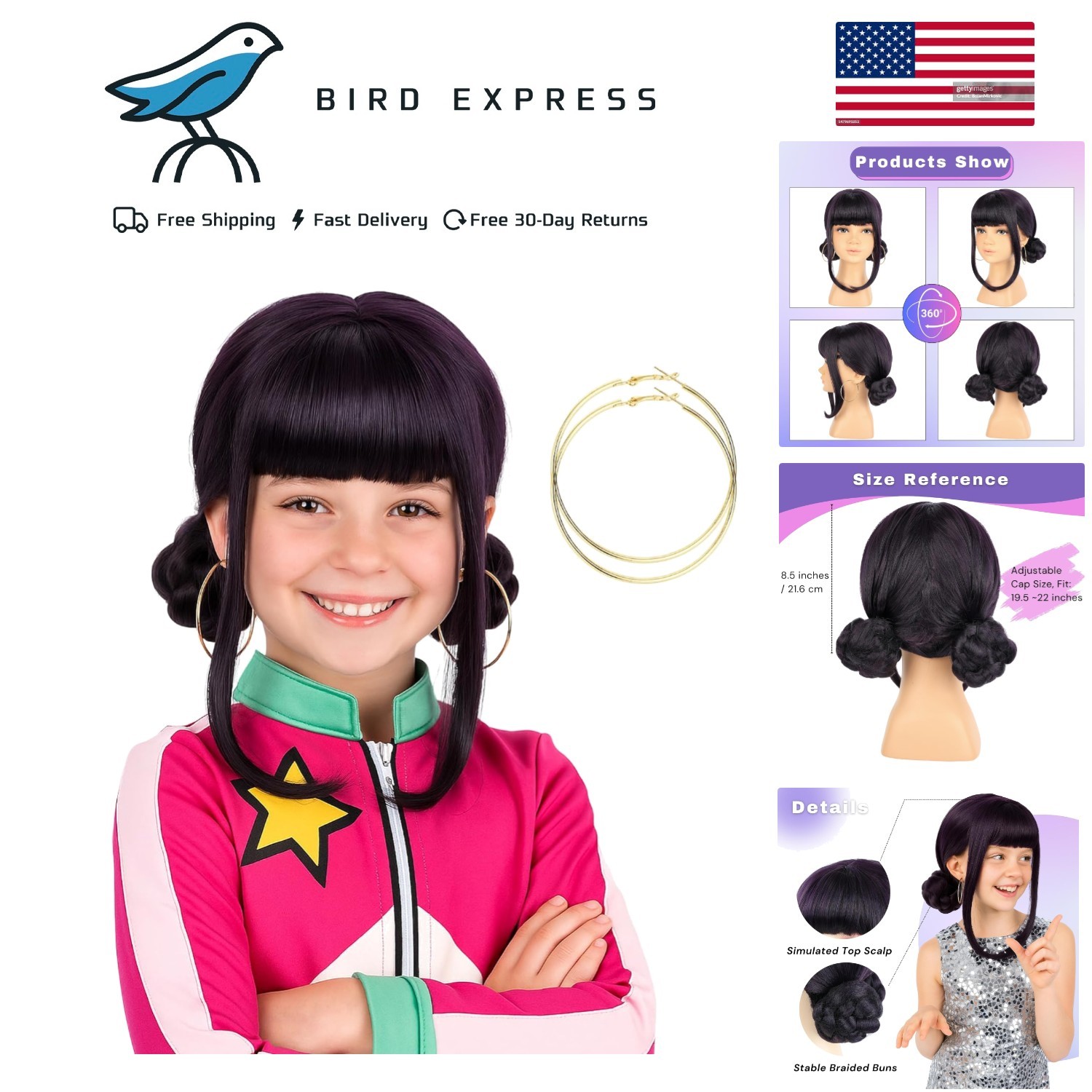 KPop Demon Hunter Zoey Wig Kid Size Purple with Bangs & 2 Buns Halloween Costume