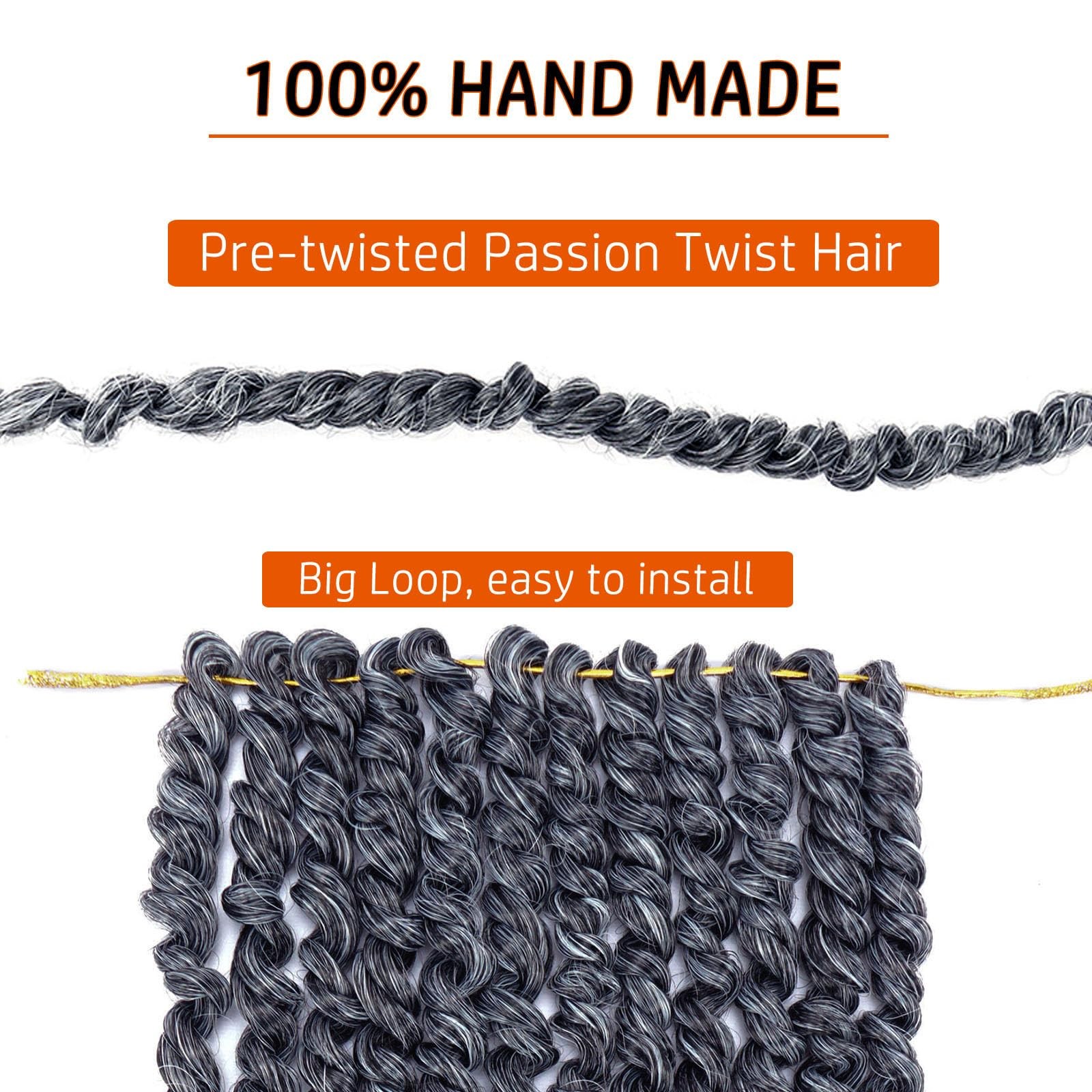 10″ Pre-twisted Passion Twist Crochet Hair – 8 Packs, Short, 1B/Gray