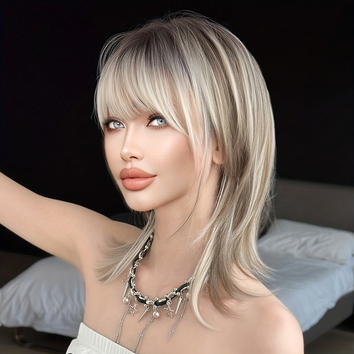 Balayage Layered Long Straight Wolf Cut Wig for Women Synthetic Rose Net Wig