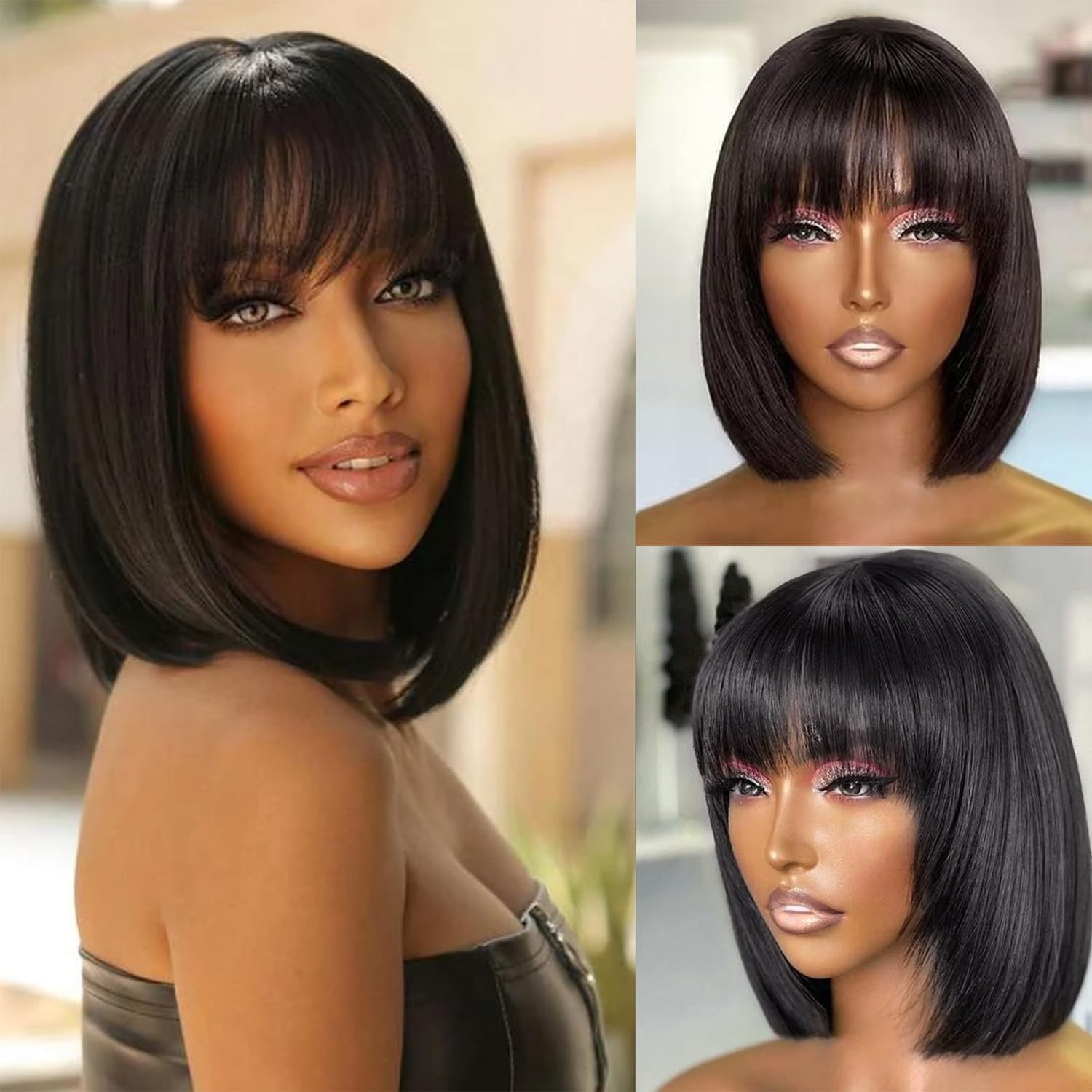 Short Bob Wig with Bangs Human Hair 2×1 Lace Wig Human Hair With Bangs for Women