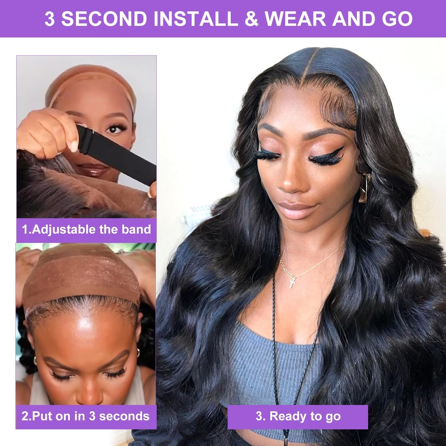 Glueless Human Hair Lace Front Wig 26 Inch Body Wave 180% Density Easy Wear