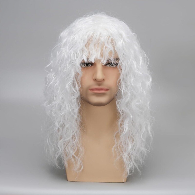 Men’s White Wig Man’s Long Curly Wavy Black Synthetic Full Wig+Wig Cap