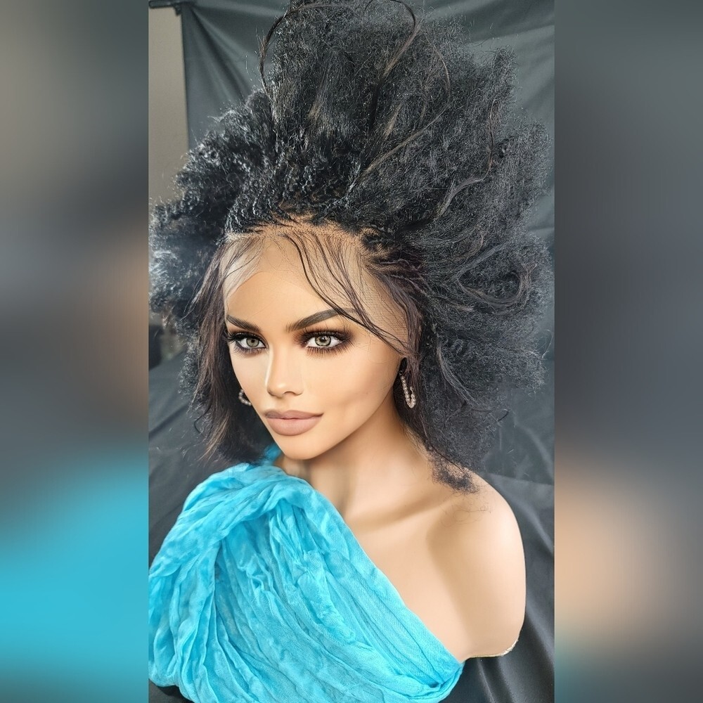 Braided Wig Short Afro Kinky Black Lace Front Glueless Baby Hair 4″ Handmade NWT