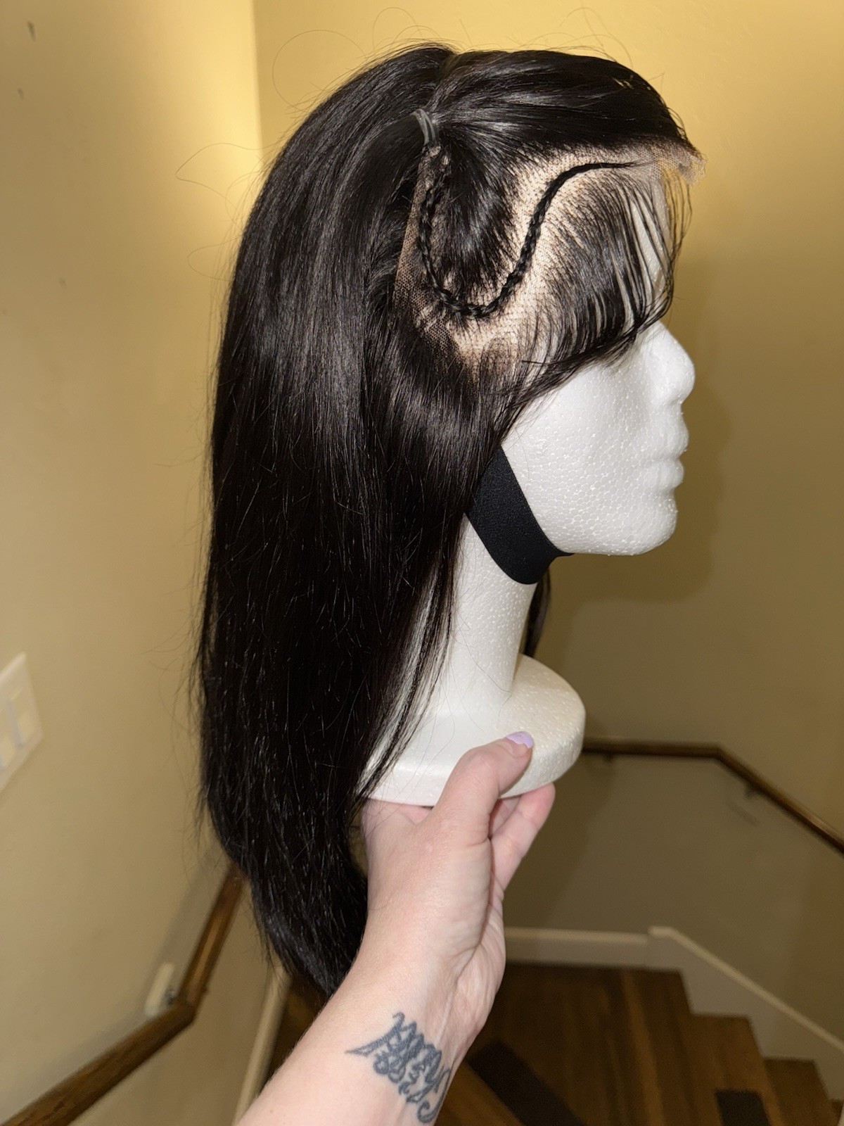 Beautiful,100% Human Hair,Jet Black Wig,Straight Style With 2 Braids In Front