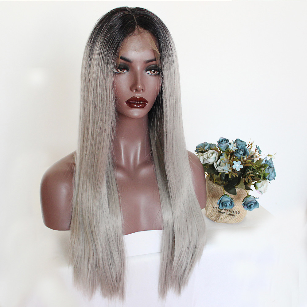 Silky Straight Brazilian Lace Front Wig #1b/Gray Synthetic Lace Wigs Baby Hair