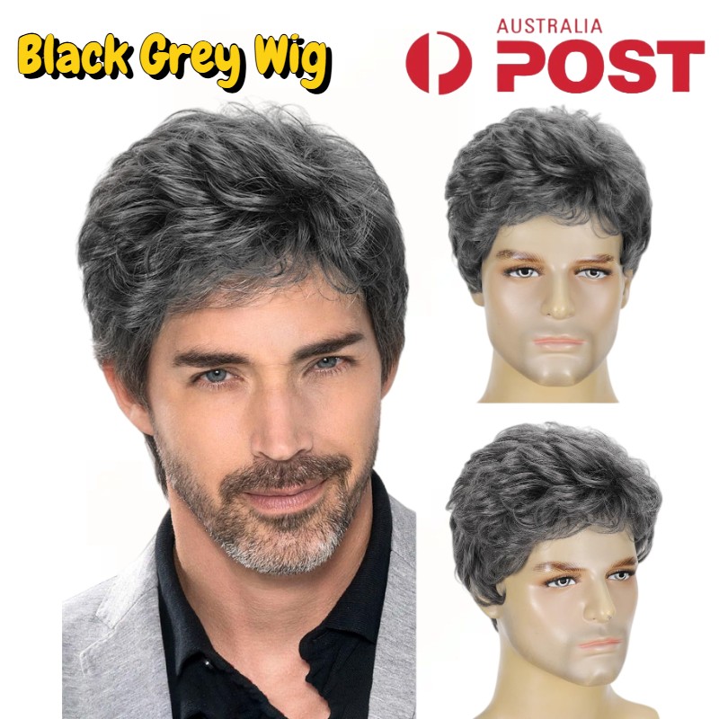 Men Black Grey Wig Gray Layered Short Beanie Hairpiece Universal Cosplay Wigs AU
