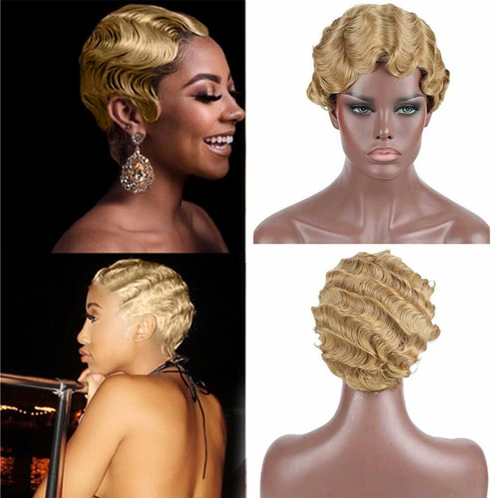 613 Light Blond Short Finger Wave Pixie Cut Wigs 100% Human Hair Wigs Party Wigs