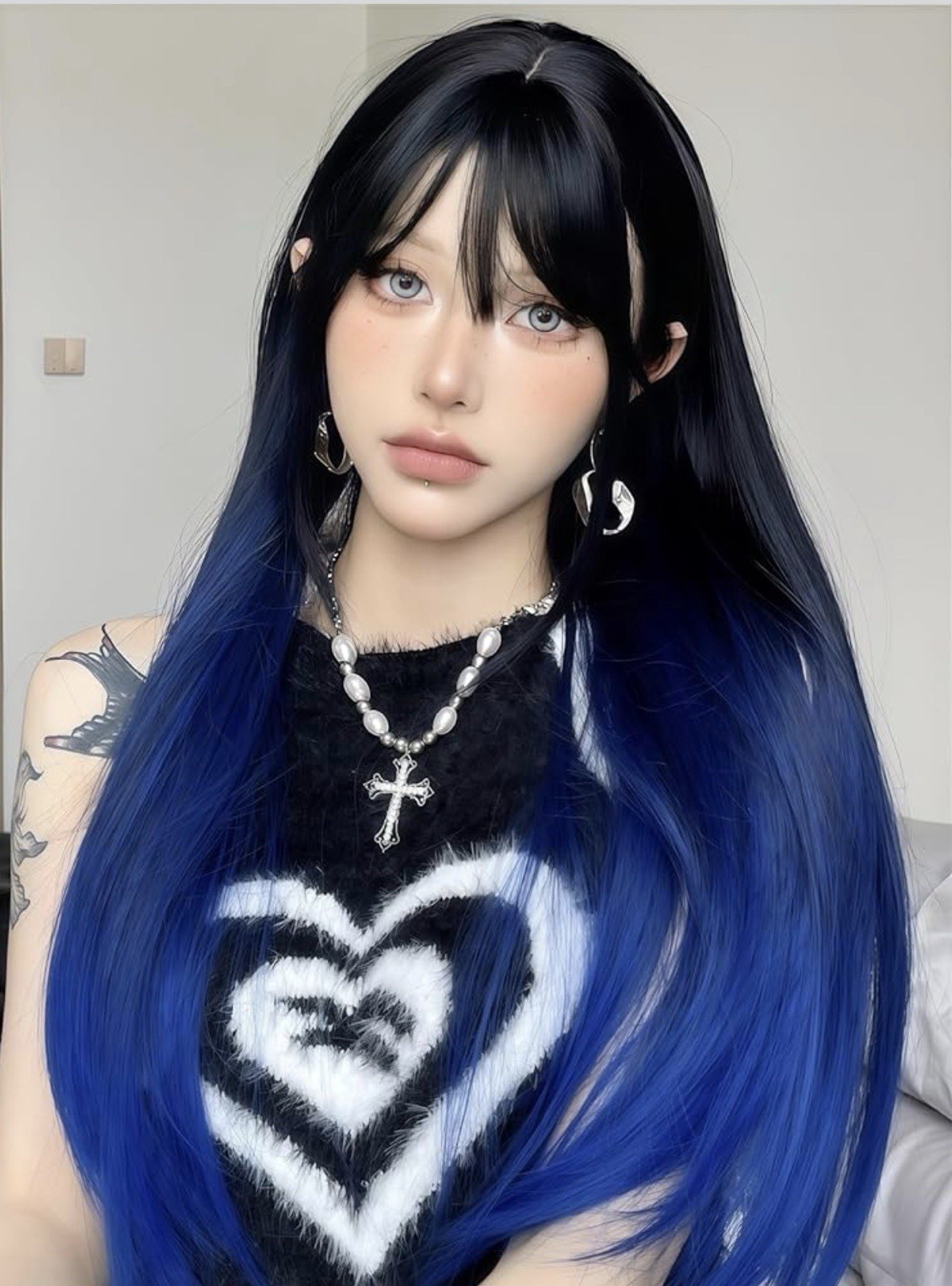 Cos Wig Ombré Blue Black Matte Straight Heat Resist Realistic Scalp + Cap Bangs