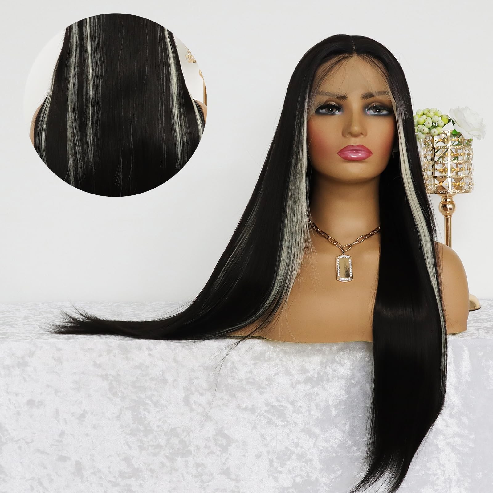 MACA BAKA Highlight Skunk Stripe White Synthetic Lace Front Wig Glueless Long