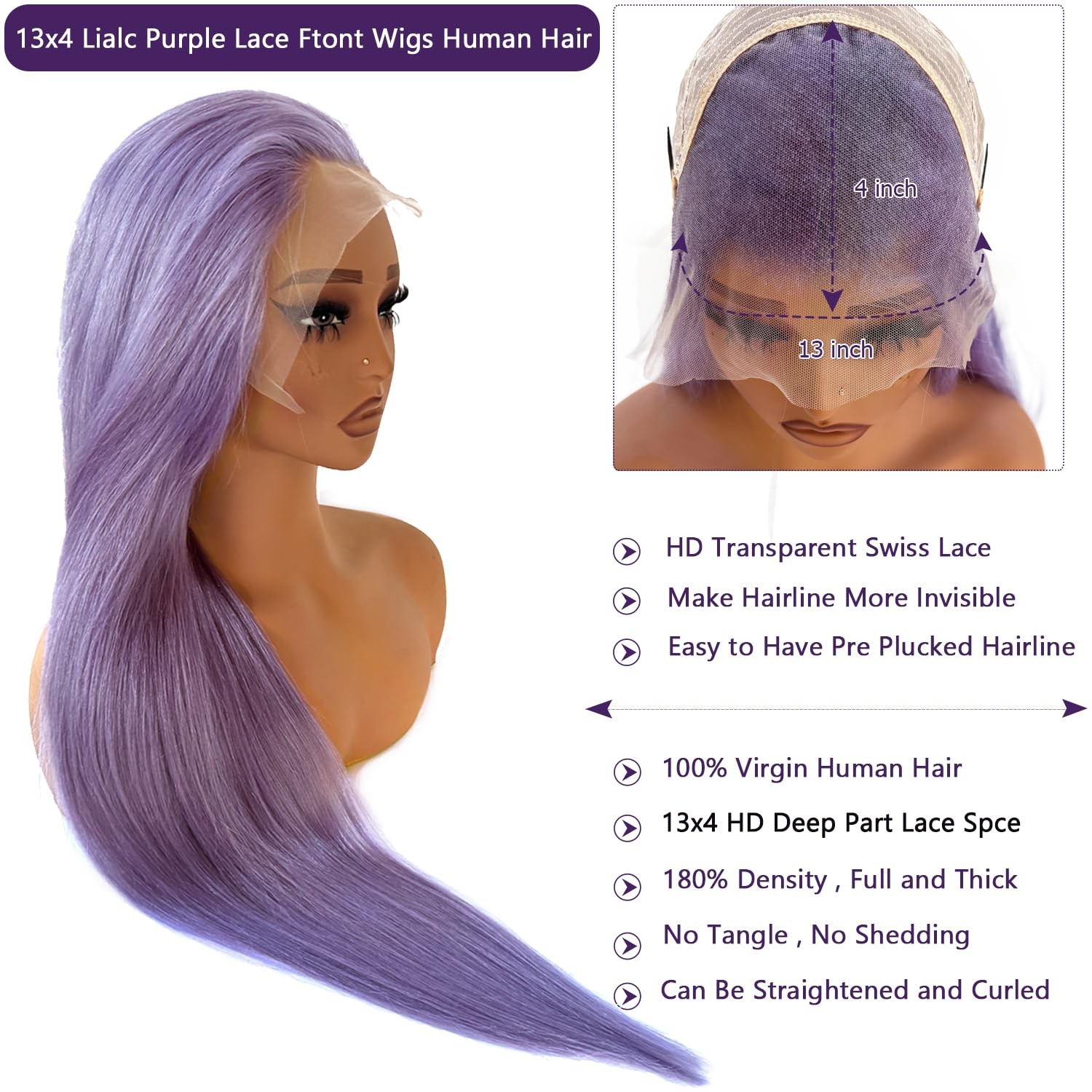 Ubetta Purple Wig Human Hair Lilac Glueless 13X6 Lace Front Wigs Human Hair Pre