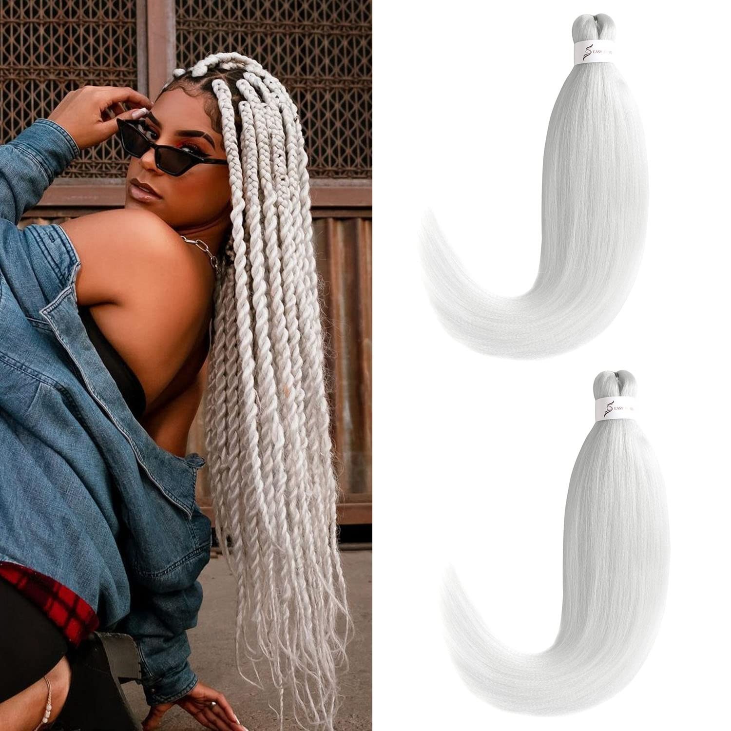 Leeven White Braiding Hair Pre Stretched 2 Packs 26 Inch (Pack of 2), White#