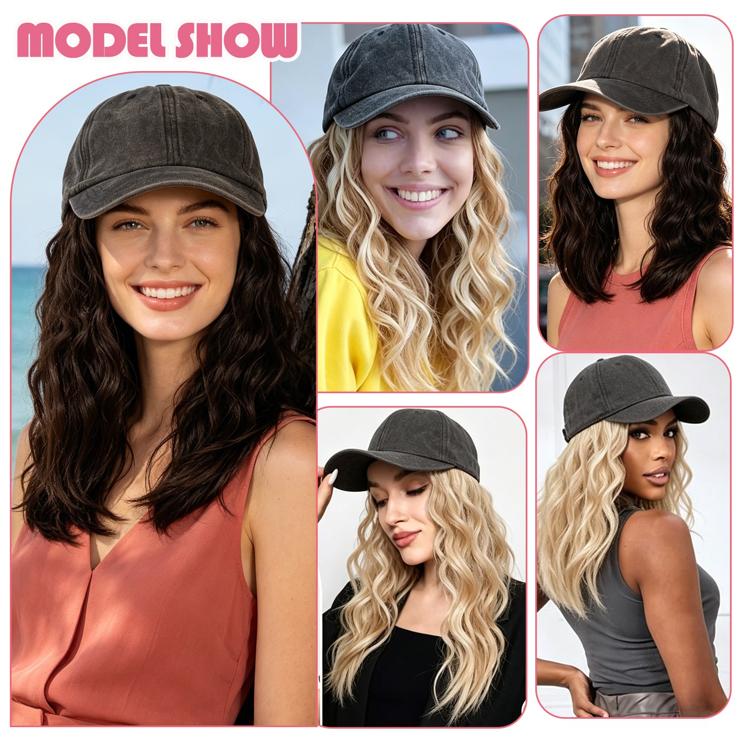 Instant Style 8″ Curly Wavy Cap Wig Adjustable Baseball Hat with Attached Hair M