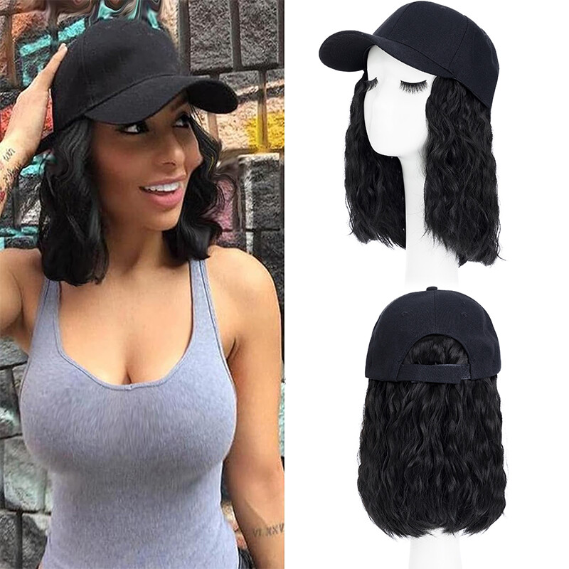 Baseball Cap 16 inch Long Water Wave Blonde Heat Friendly Synthetic Hair Hat Wig