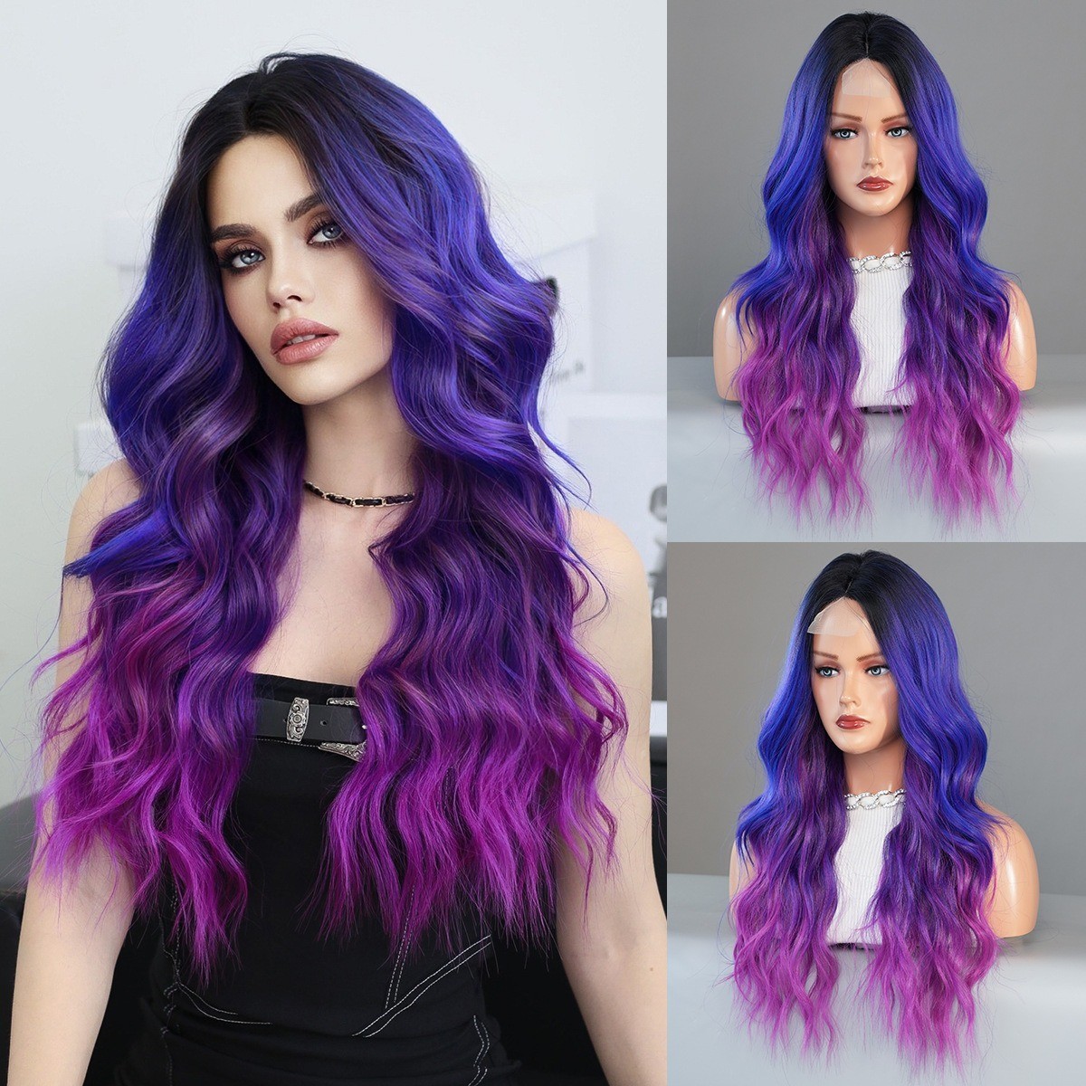 Dreamy purple-blue Lace wig with dreamy purple-blue gradient parted wavy curls