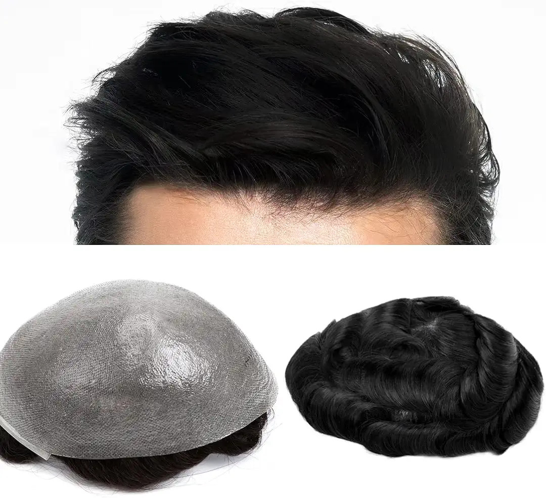 Toupee for Men Thin Skin Hair Replacement System Mens Hair Prosthesis Full PU