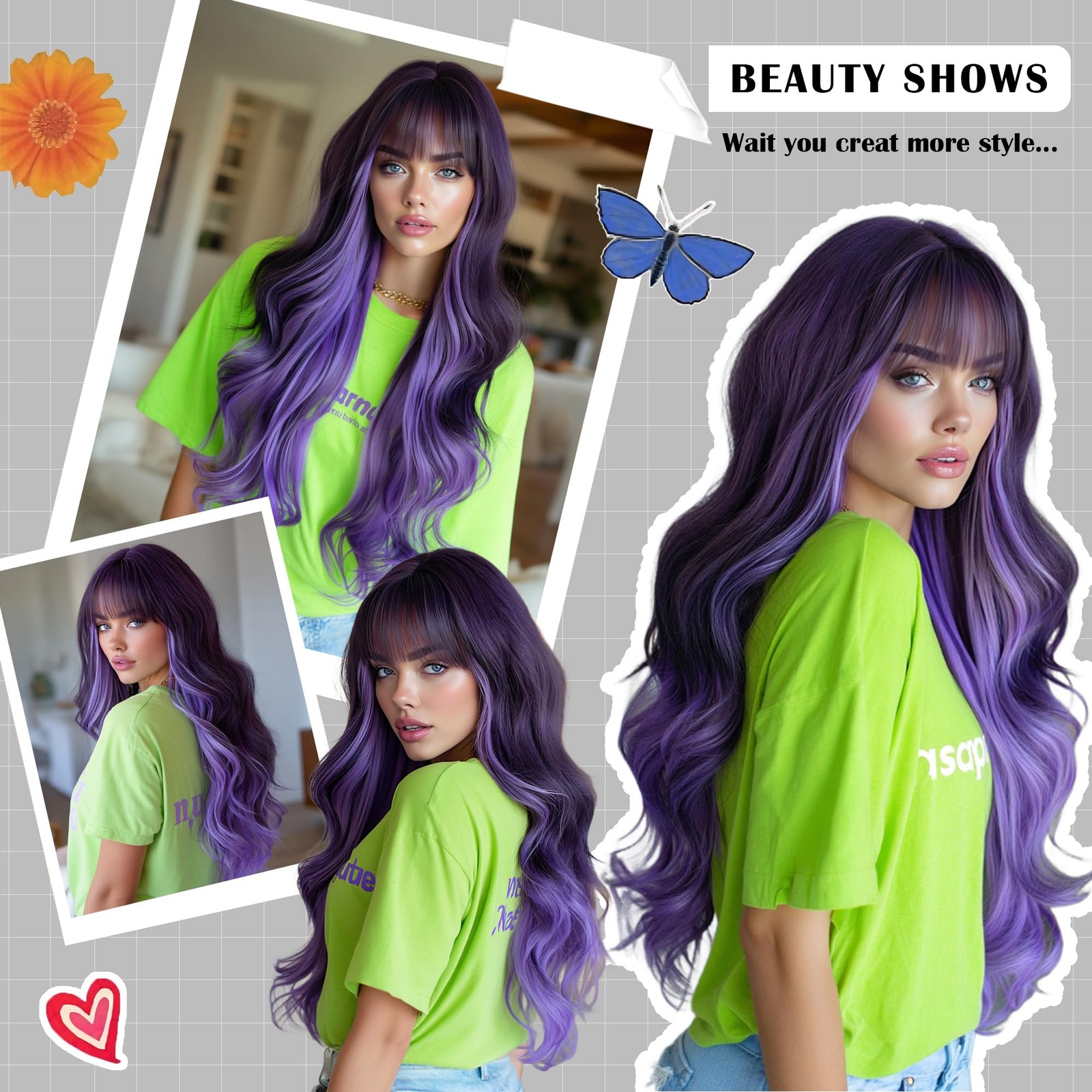 28 Inch Long Wavy Synthetic Wig with Bangs Dark Purple to Lavender Ombre Wig …