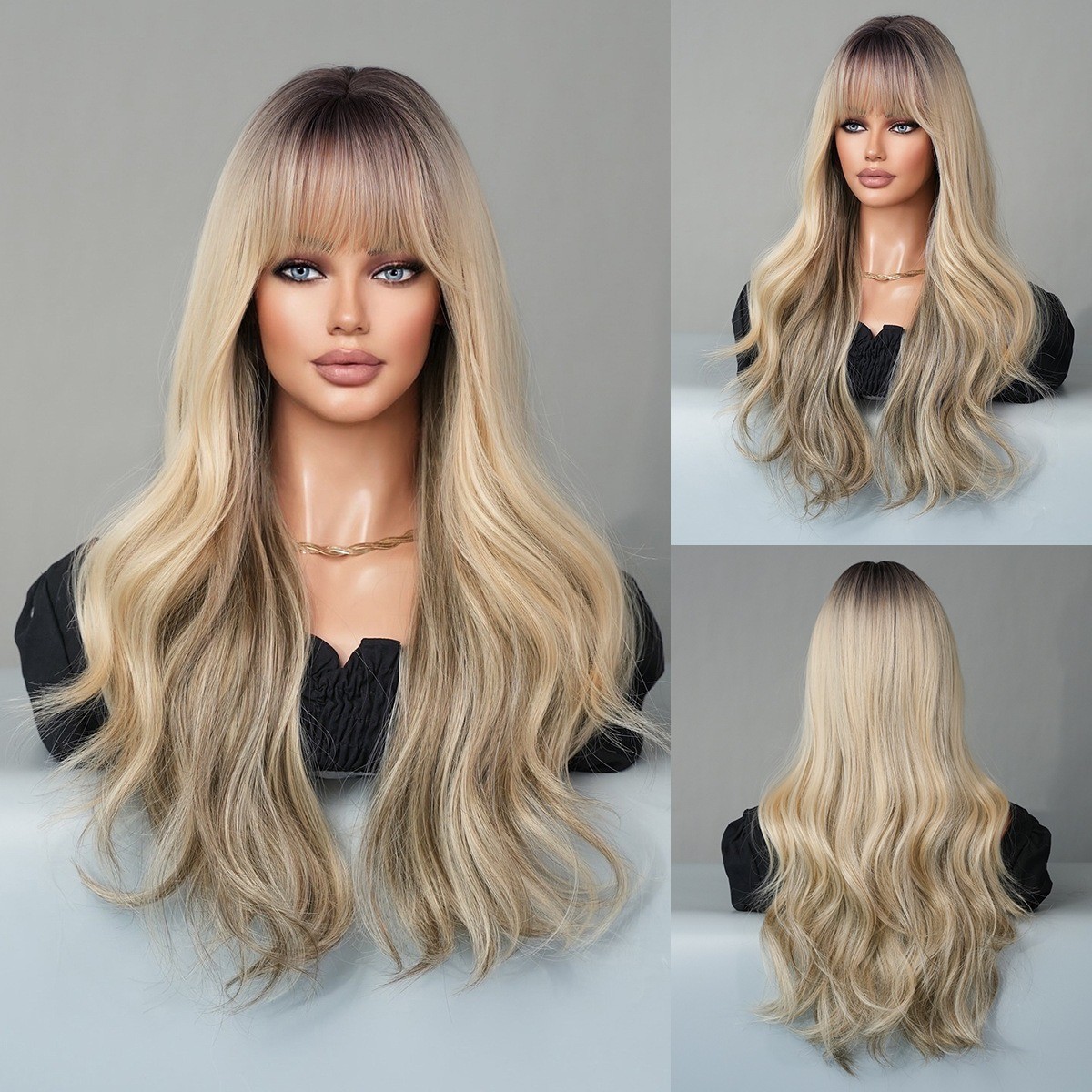 Gradually changing natural blonde long wavy hair synthetic rose net
