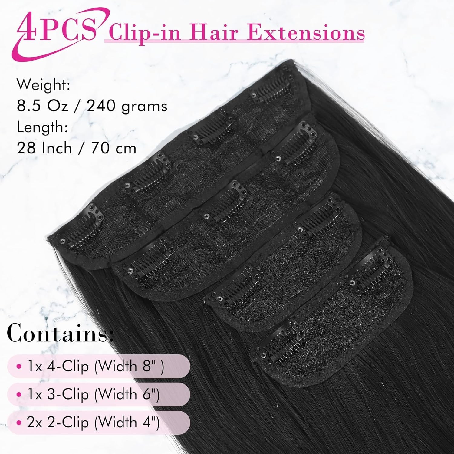 Thick & Long 28” Clip-In Hair Extensions – Heat Resistant Natural Black