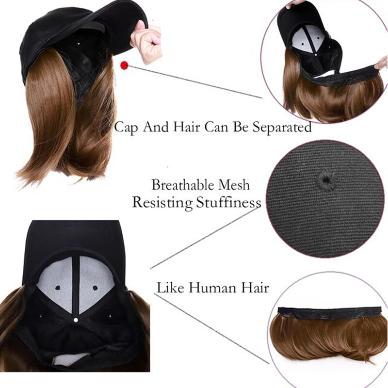 Baseball Cap Synthetic Long Straight Natural Curly/Wavy Hat With Hair Extensions