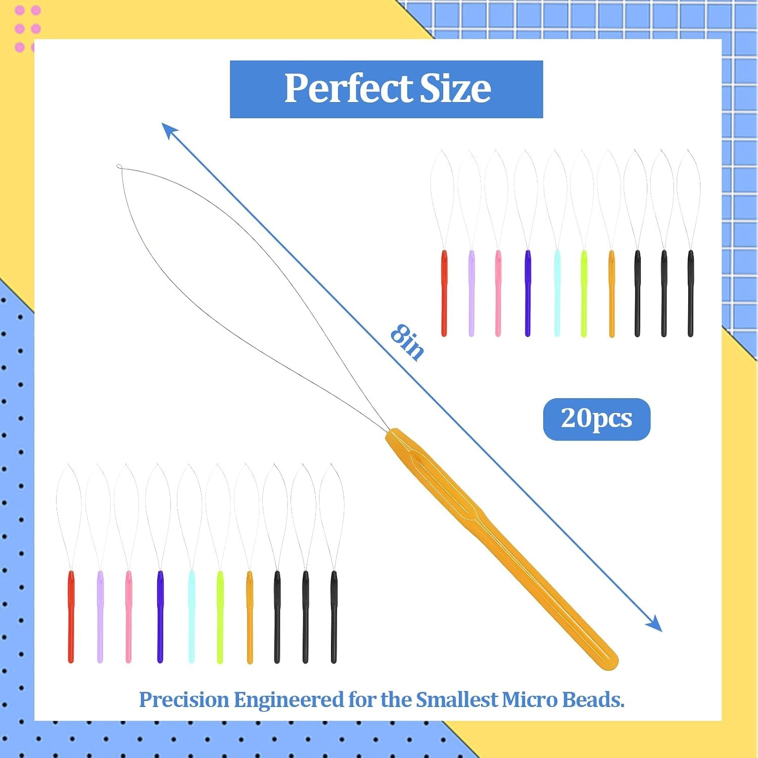 20 Pack Hair Extension Loop Needle Threader Tool, 8 Colors Pulling Hook and Bead
