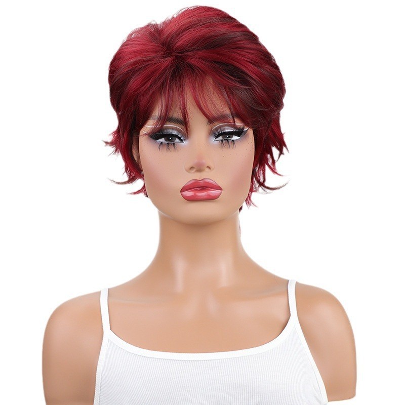 Wine Red Wig Short Layered Pixie Cut Hair Wigs For Women Synthetic Cosplay Wig
