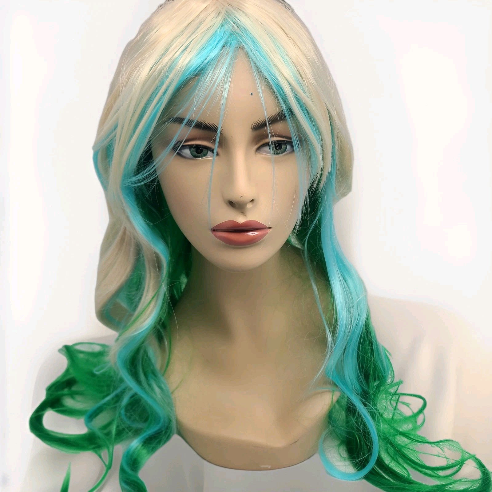 Mixed Color Long Wavy Synthetic Wig Blond Blue Green Costume Cosplay Hair