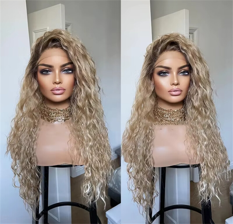 Loose Curly Lace Front Wigs Human Hair Honey Blonde with Ash Brown Rooted