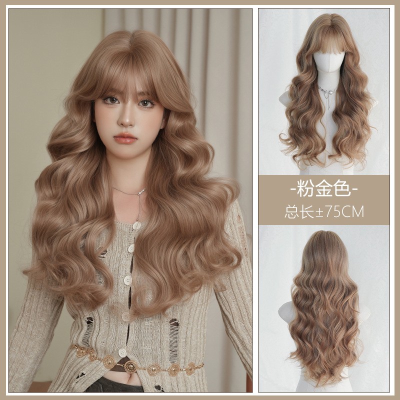 Summer Pink Gold Long Big Wave Curly Synthetic Full Head Wig for Women